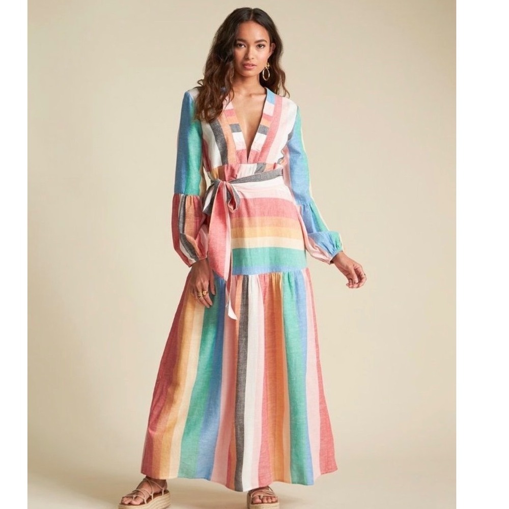 Billabong x S Jules On the Horizon Multi Stripe Maxi Dress Rainbow Boho V-Neck